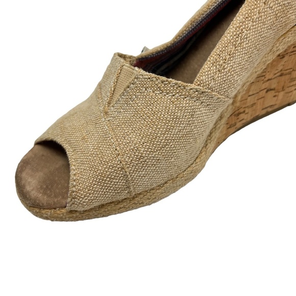 TOMS Wedges Peep Toe Cork Canvas Burlap Espadrilles High Heels Shoes Beige sz 6 - Picture 11 of 16